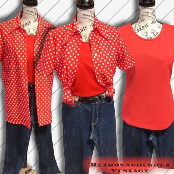 𝅺vintage 1970’s Red Tank & Polka Dot Button Up Shirt Set, XL - Picture 1 of 8